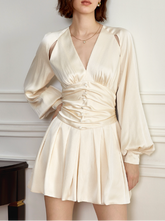 V-neck ruched mini dress with balloon sleeves - Nuljy